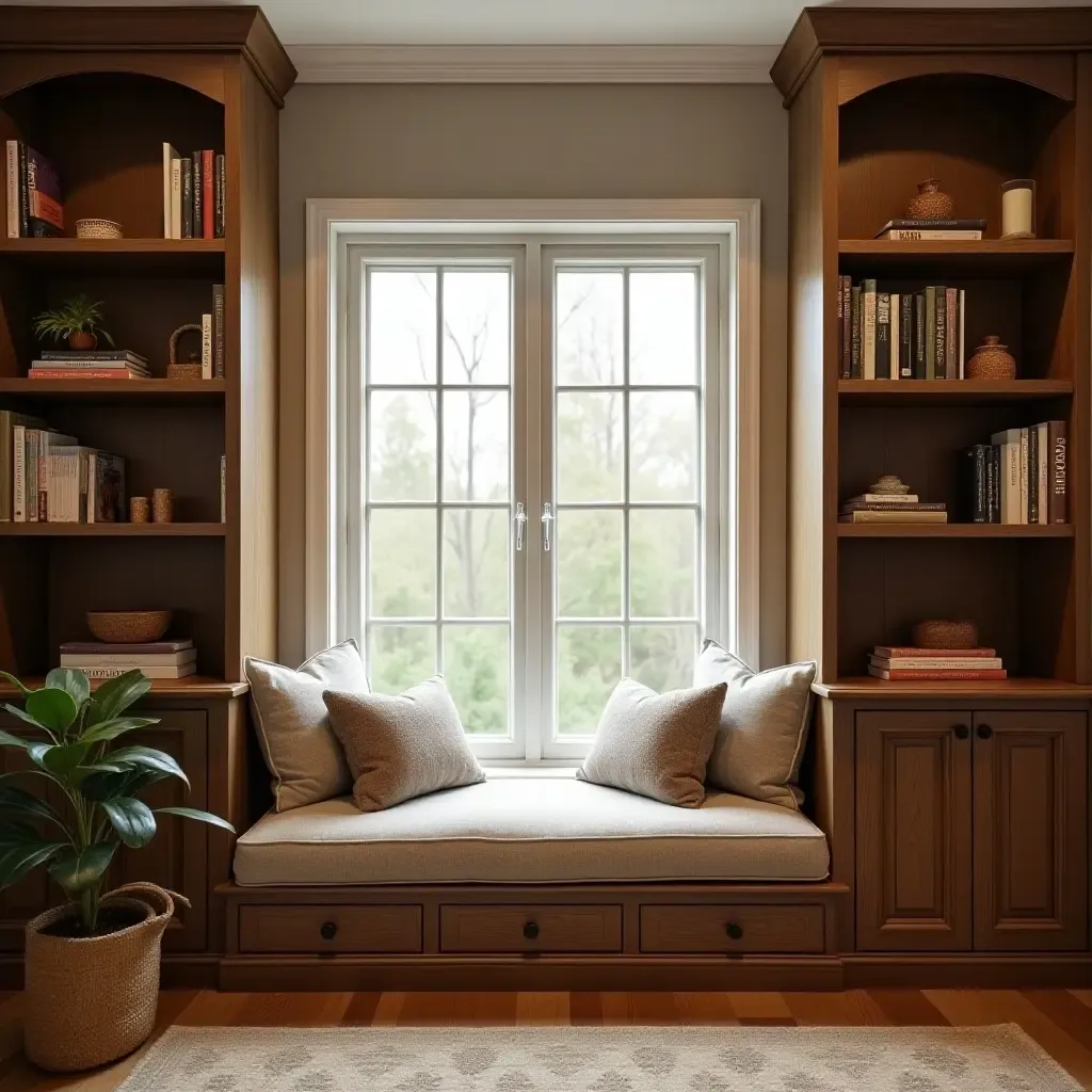 a photo of a cozy reading nook with a window seat and bookshelves