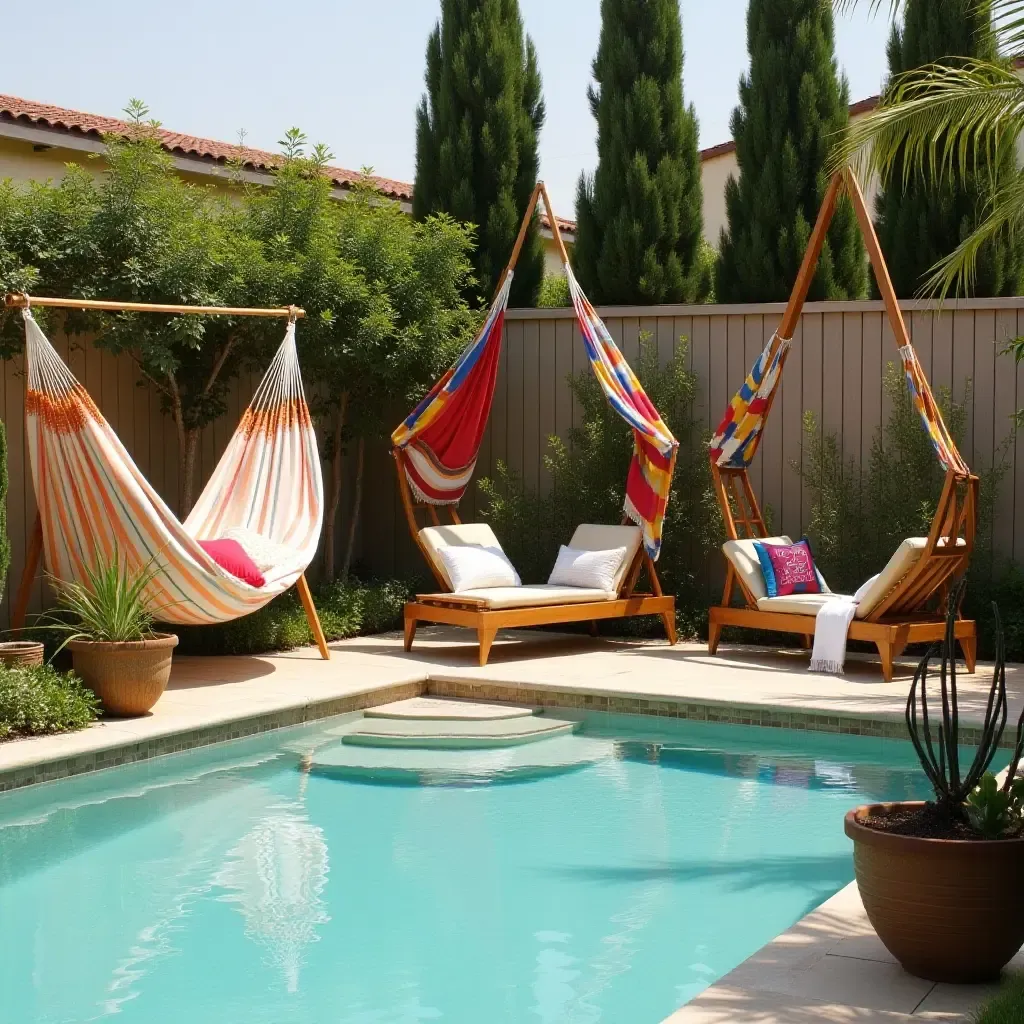 a photo of a vibrant poolside garden with fabric hammocks, wooden planters, and artistic metal sculptures