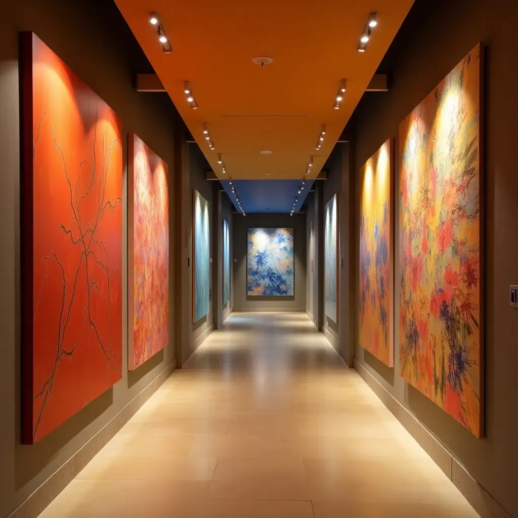 a photo of a modern corridor featuring vibrant artwork and lighting