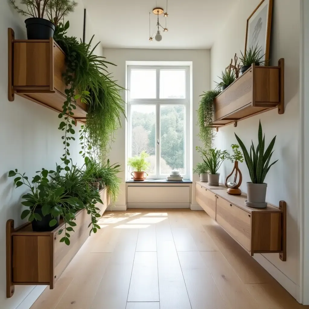 a photo of a creative corridor with hanging planters and wall-mounted storage