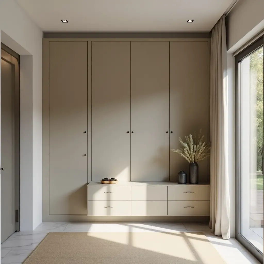 a photo of a modern entryway with a sleek storage solution