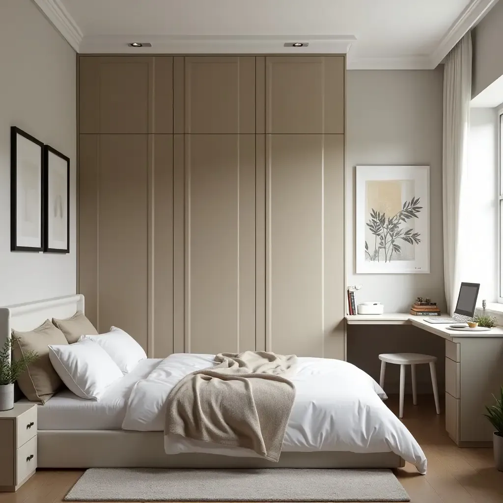 a photo of a shared bedroom with a foldable Murphy bed and a creative workspace