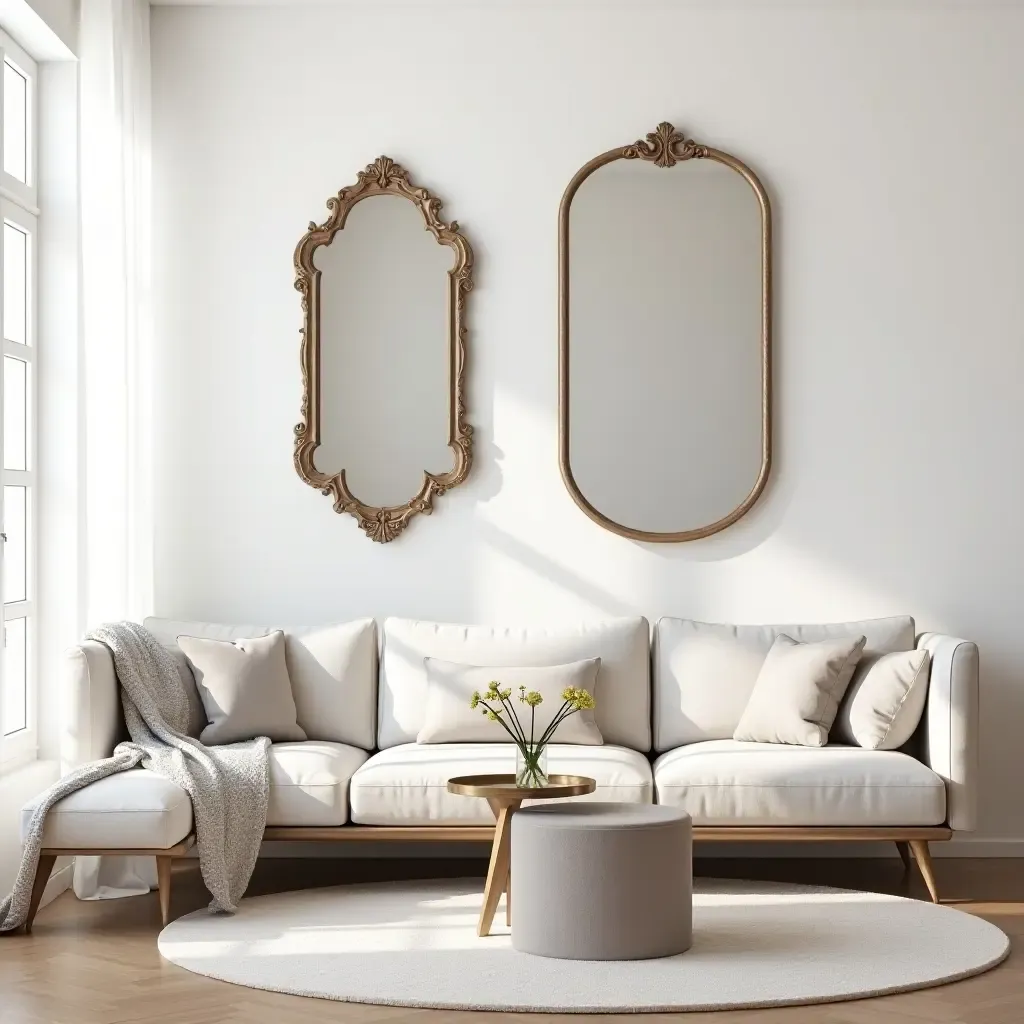 a photo of a bright living room featuring a mix of vintage and modern mirrors