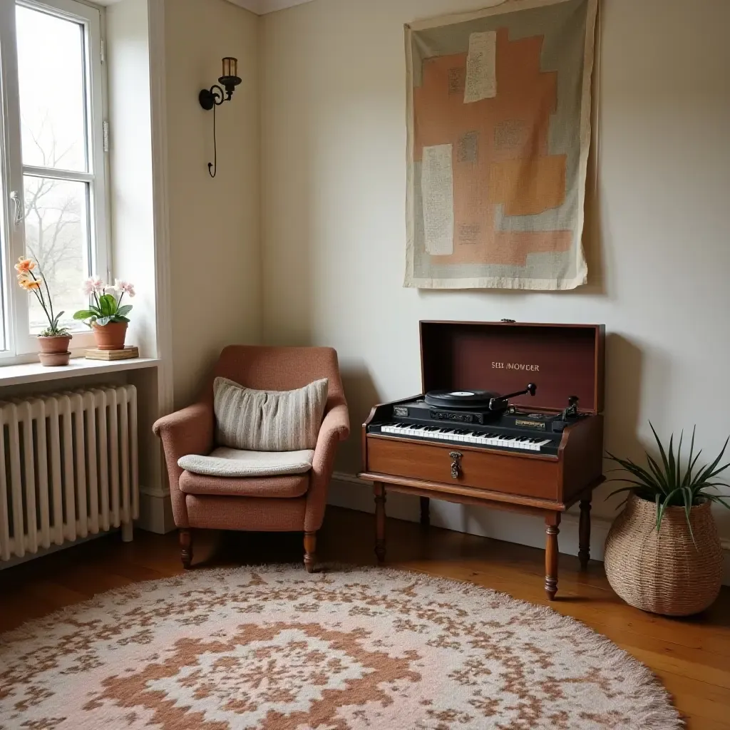 a photo of a charming space with a vintage record player and soft rugs