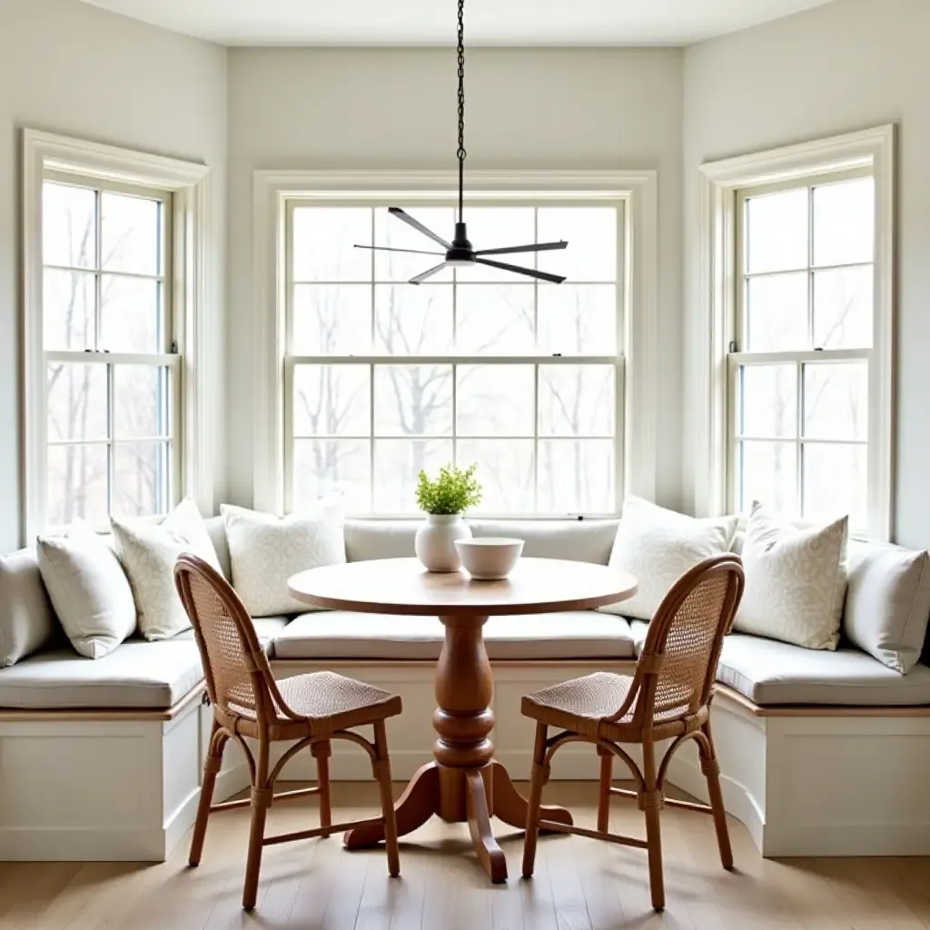 a photo of a breakfast nook with a round table and wicker chairs