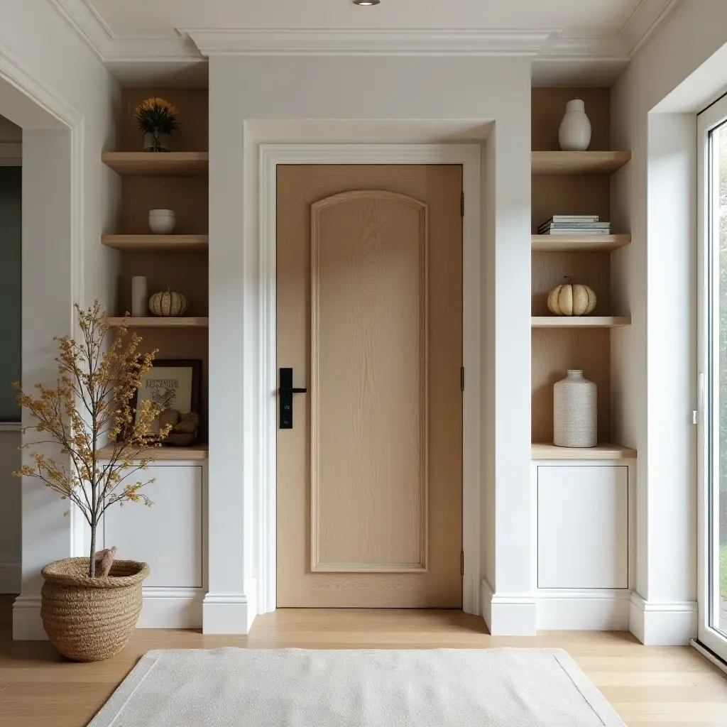 a photo of an elegant entrance hall with curated shelving and seasonal decor