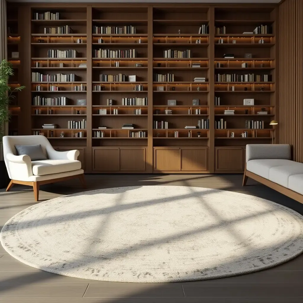 a photo of a chic, modern rug with a minimalist design in a library