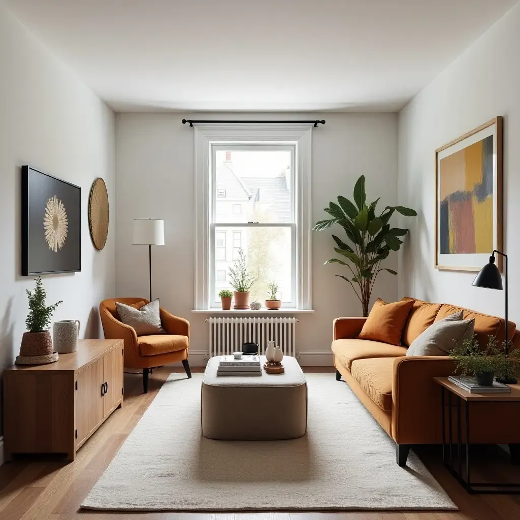 a photo of a small living room dining room combo with eclectic furniture styles