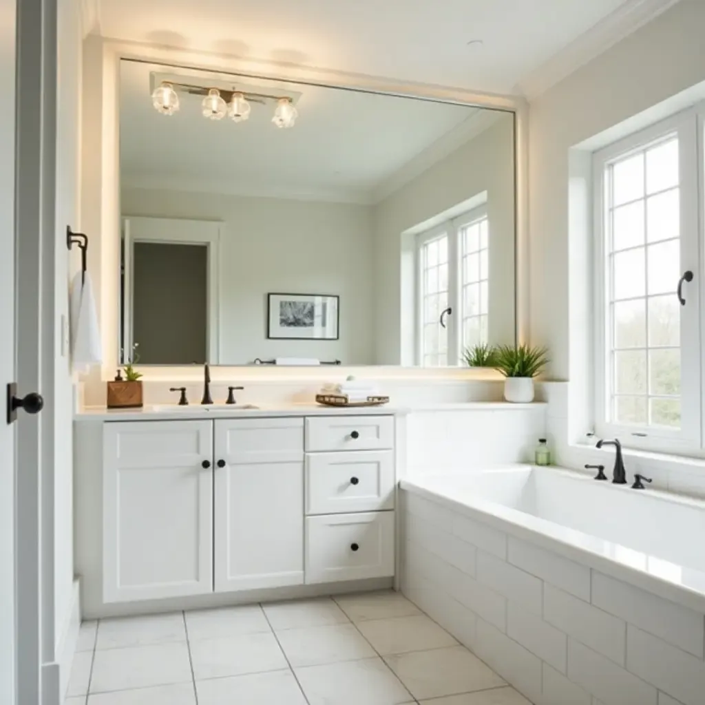 a photo of a bright small bathroom with large mirrors to create an illusion of space