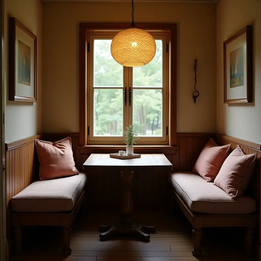 a photo of a cozy nook with a vintage wooden table and cushions