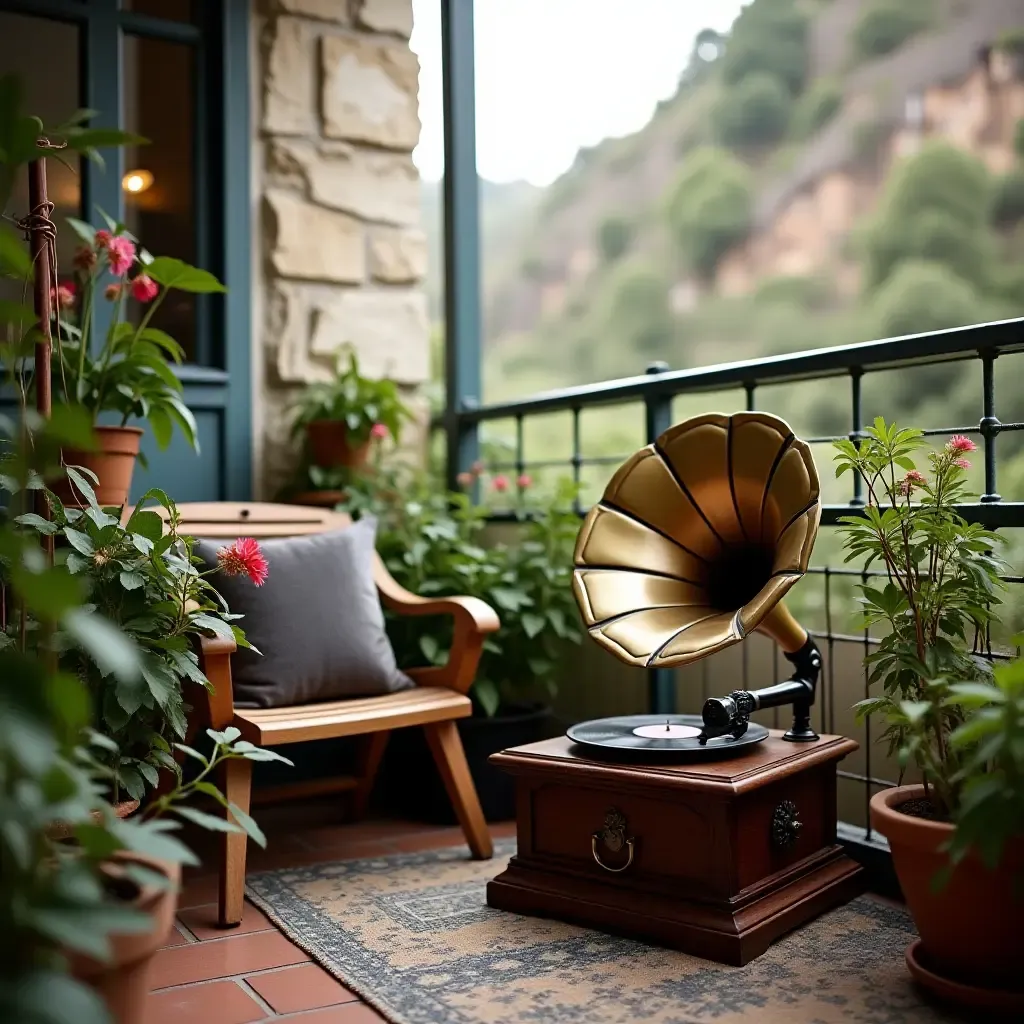 a photo of a balcony featuring a vintage gramophone and potted plants