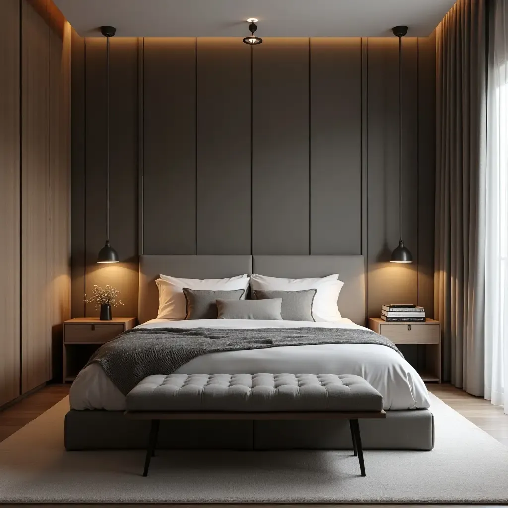 a photo of a sleek bedroom with pendant lighting that complements modern furniture