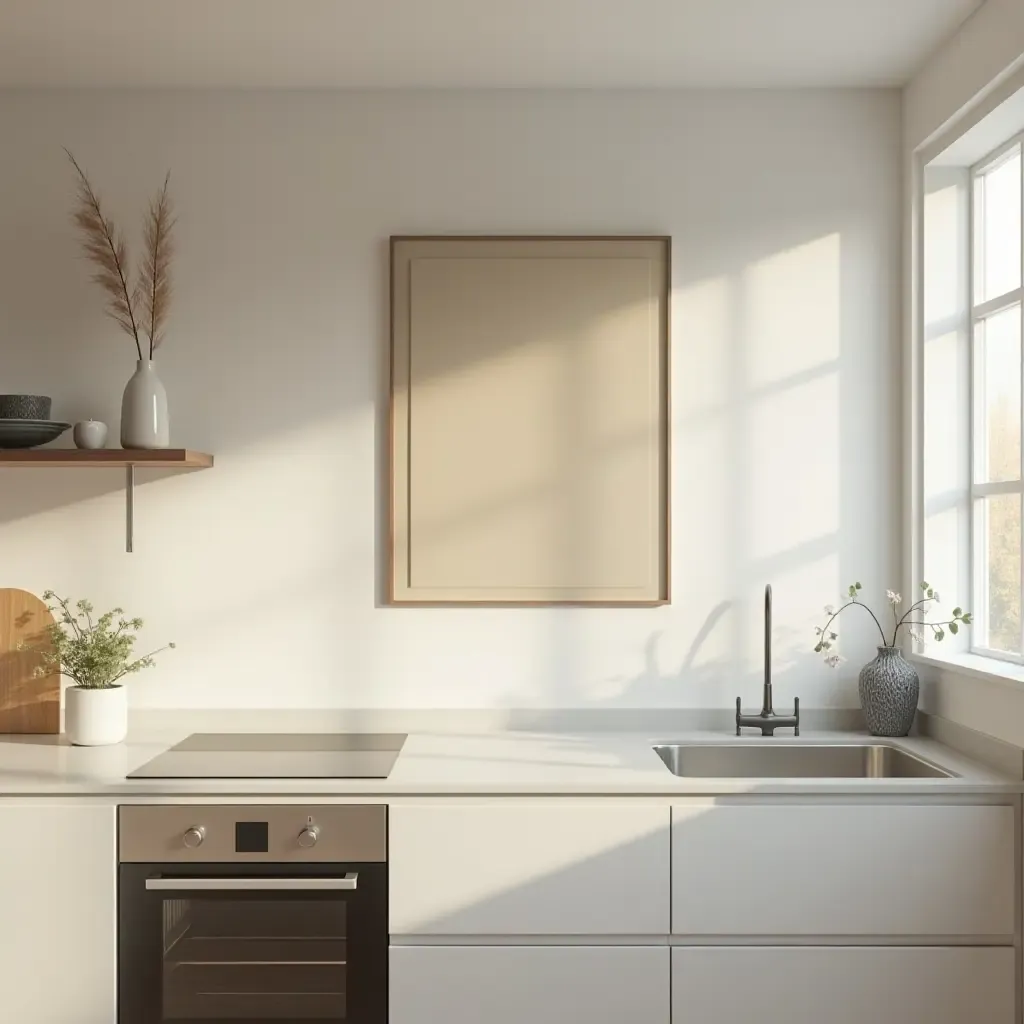 a photo of a serene kitchen with soft lighting and minimalistic artwork