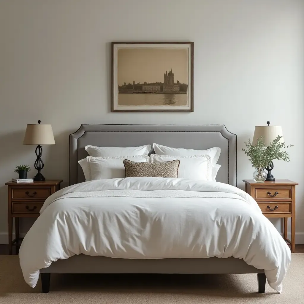 a photo of a vintage-inspired bedroom with a grey headboard and antique decor