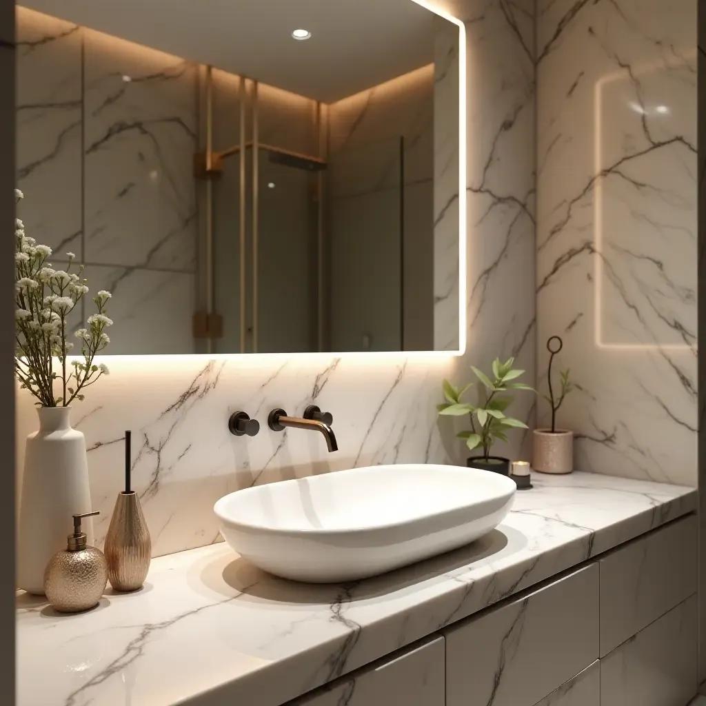 a photo of a glamorous bathroom with a statement sink and unique fixtures