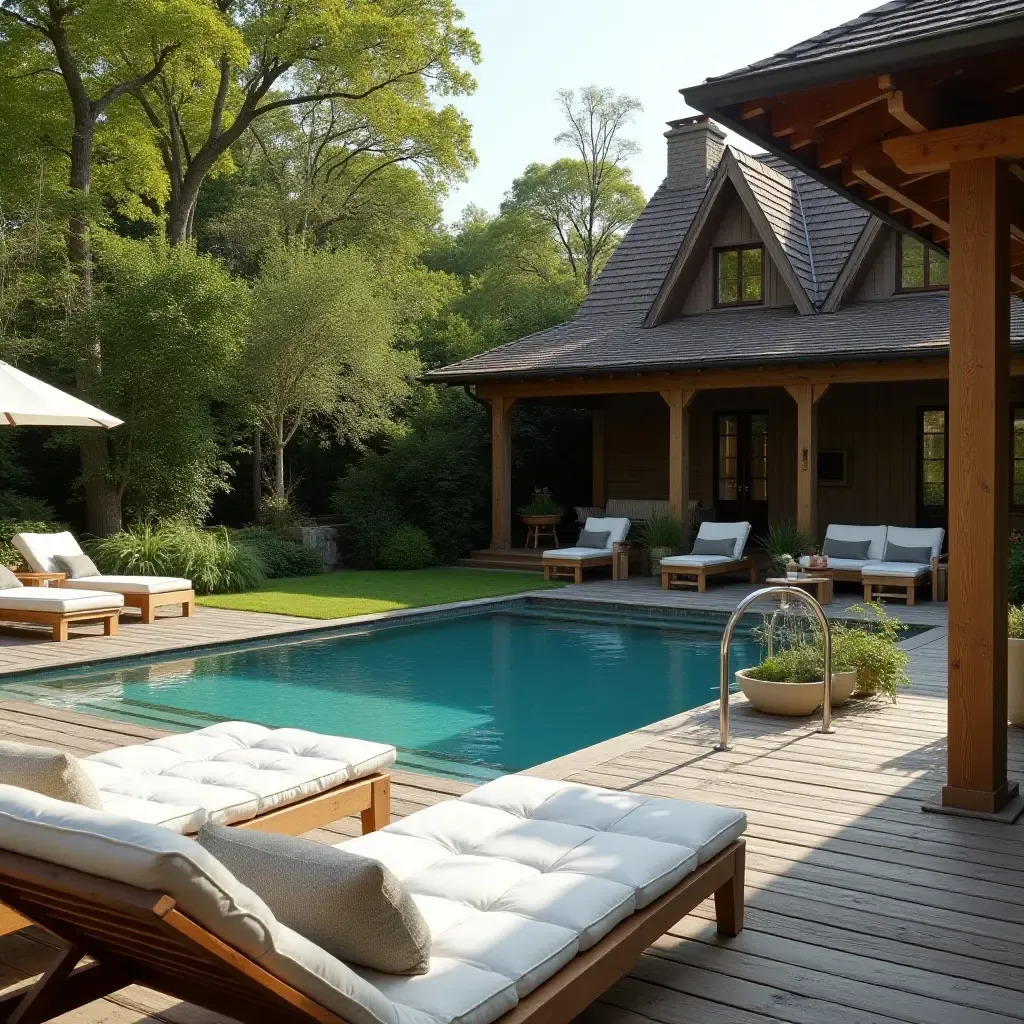 a photo of a cozy farmhouse pool area with a wooden deck and comfy lounge chairs