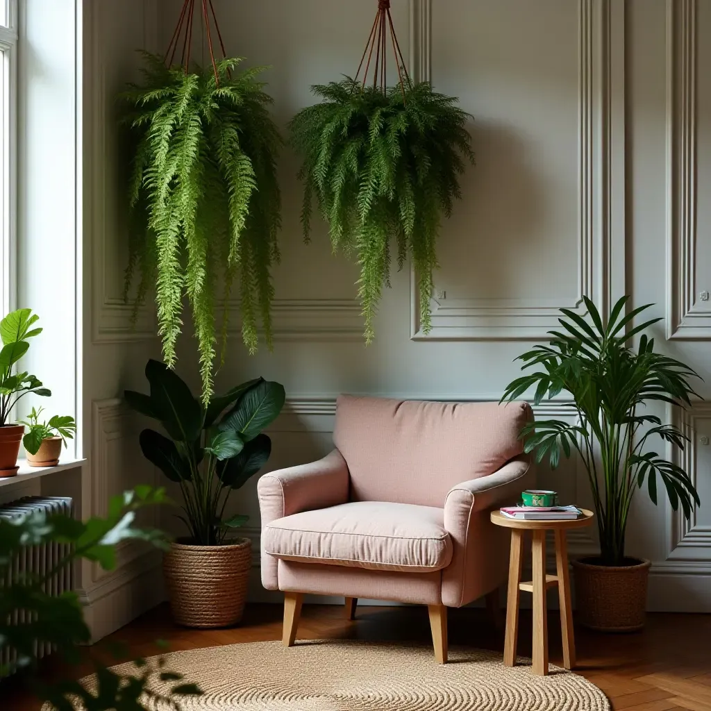 a photo of a cozy corner with hanging ferns