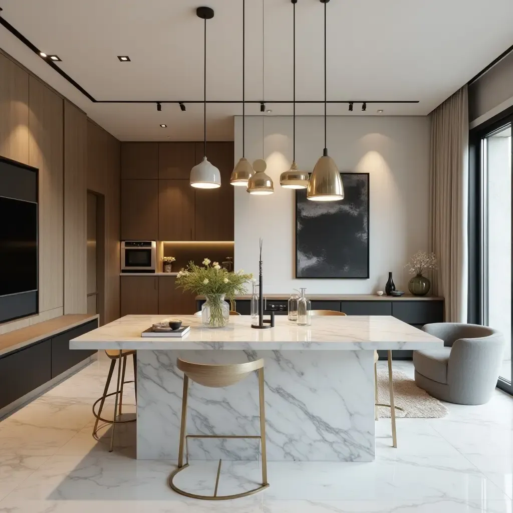 a photo of a trendy living room with marble countertops and stylish lighting fixtures