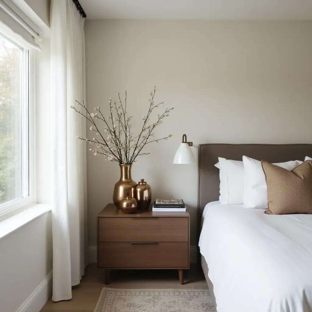 a photo of a stylish bedroom with metallic vases on nightstands