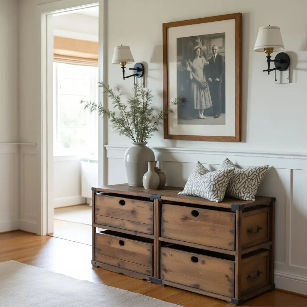 a photo of vintage crates used as decorative storage in a hallway