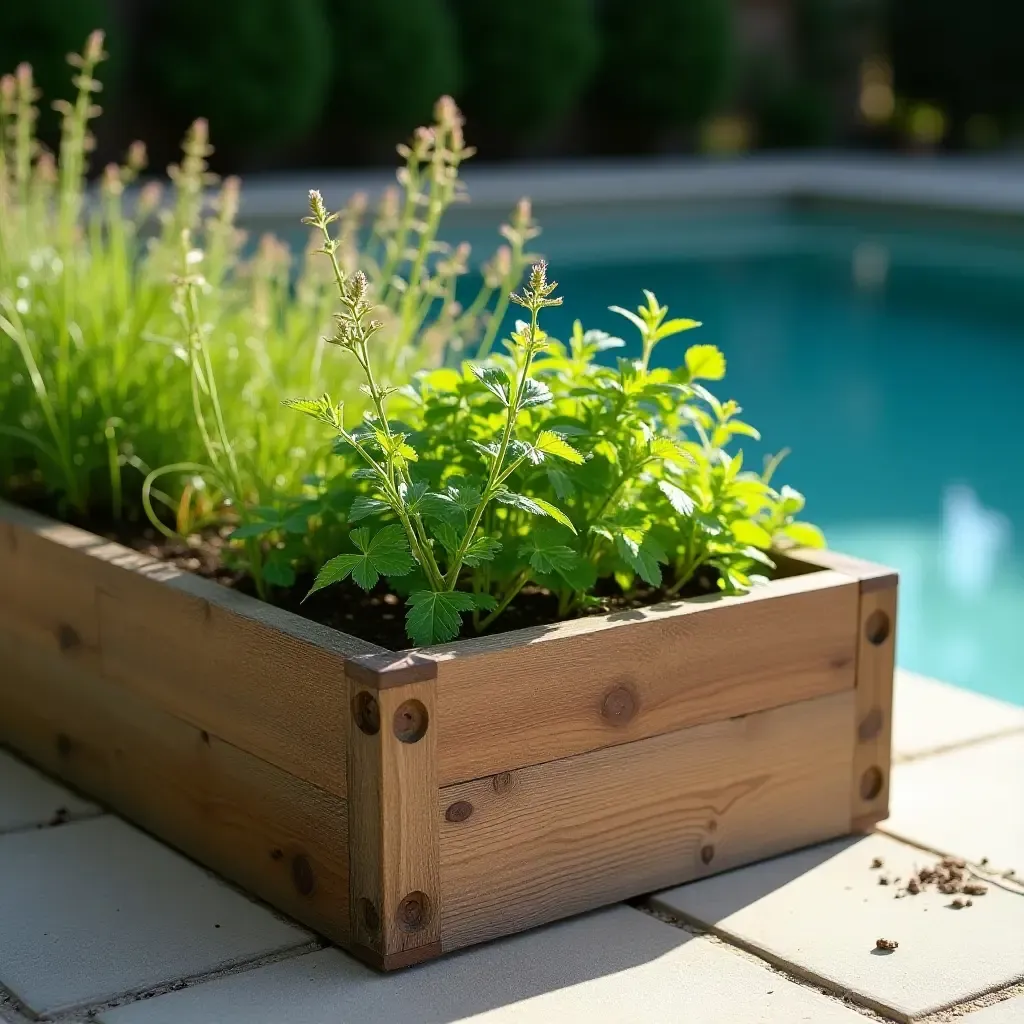 a photo of a wooden flower box with herbs next to the pool