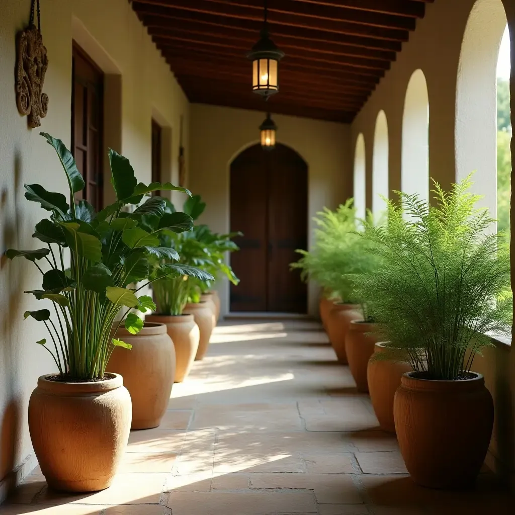 a photo of a rustic corridor with wooden plant stands and ferns