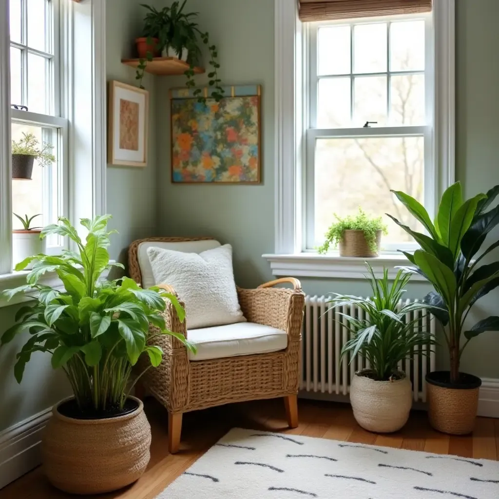 a photo of a cozy nursery corner with potted ferns and soft lighting