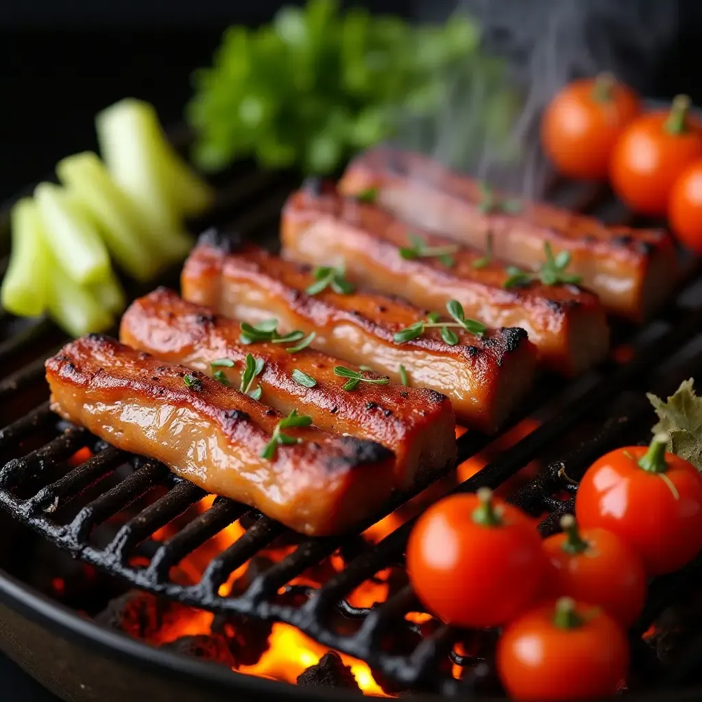 a photo of Jeju Island&#x27;s black pork BBQ sizzling on a grill, surrounded by fresh vegetables.