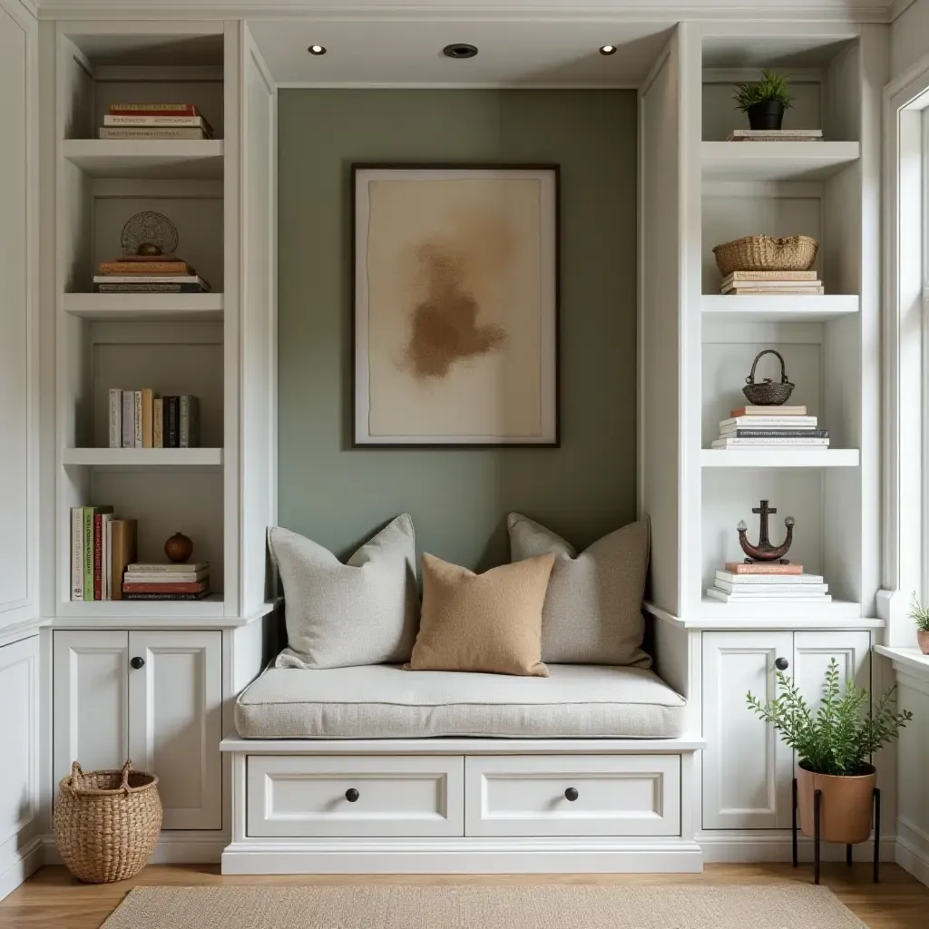 a photo of a charming reading nook with built-in storage