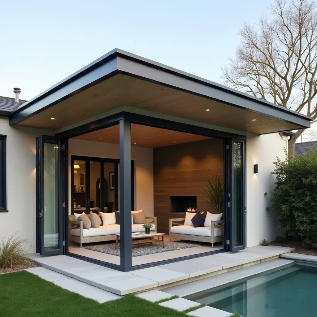 a photo of a detached covered patio with a retractable roof and modern furniture