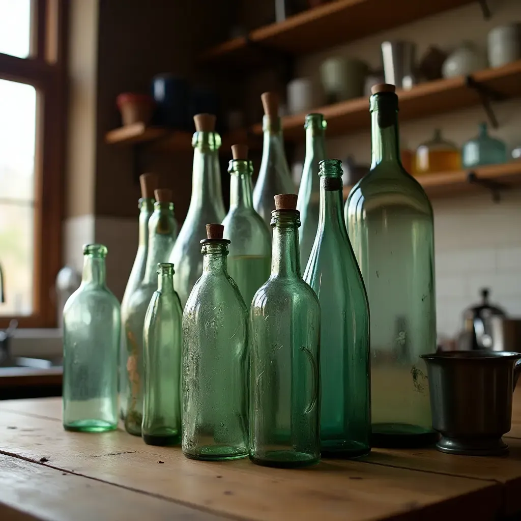 a photo of a kitchen with a collection of antique glass bottles