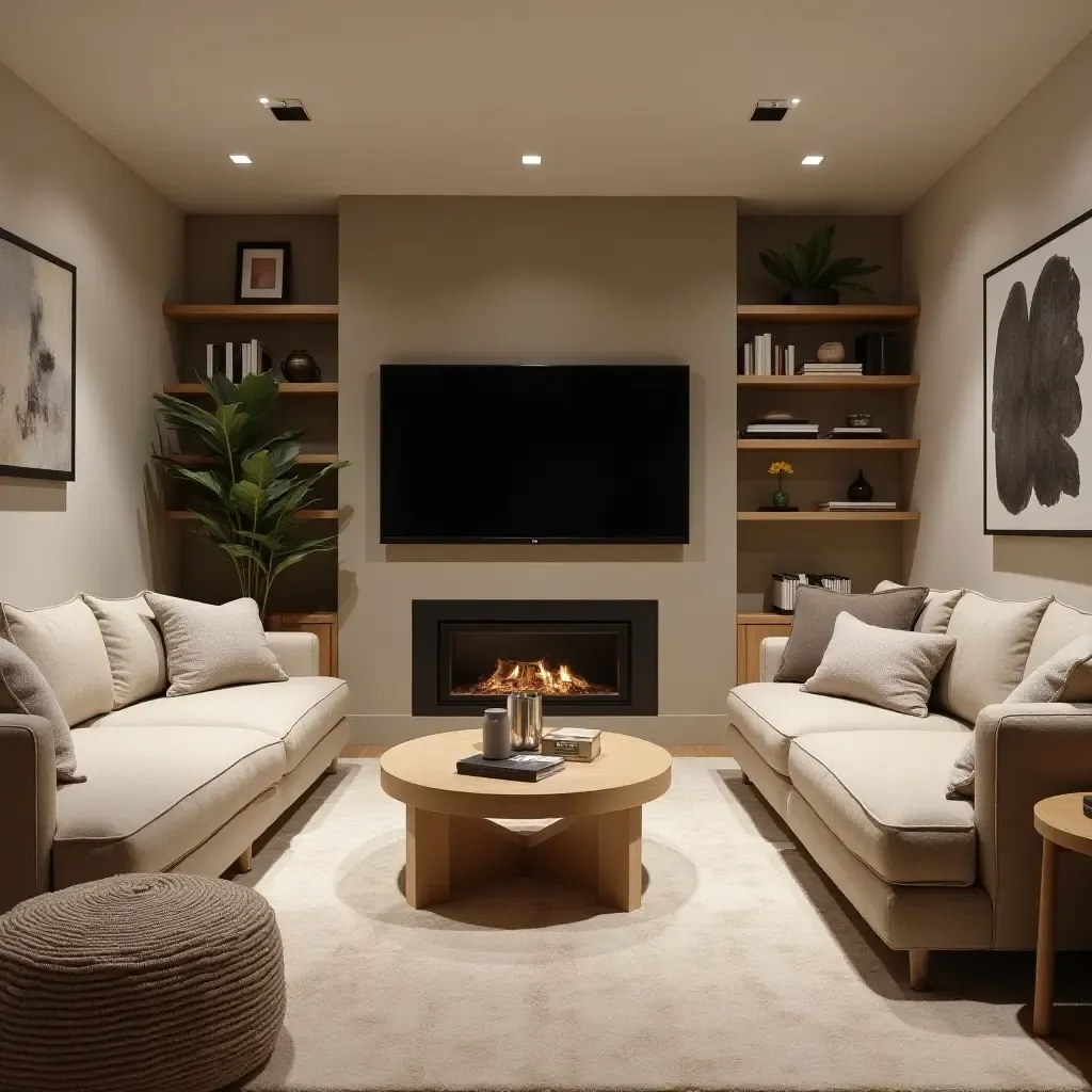 a photo of a cozy basement family room with soft textures