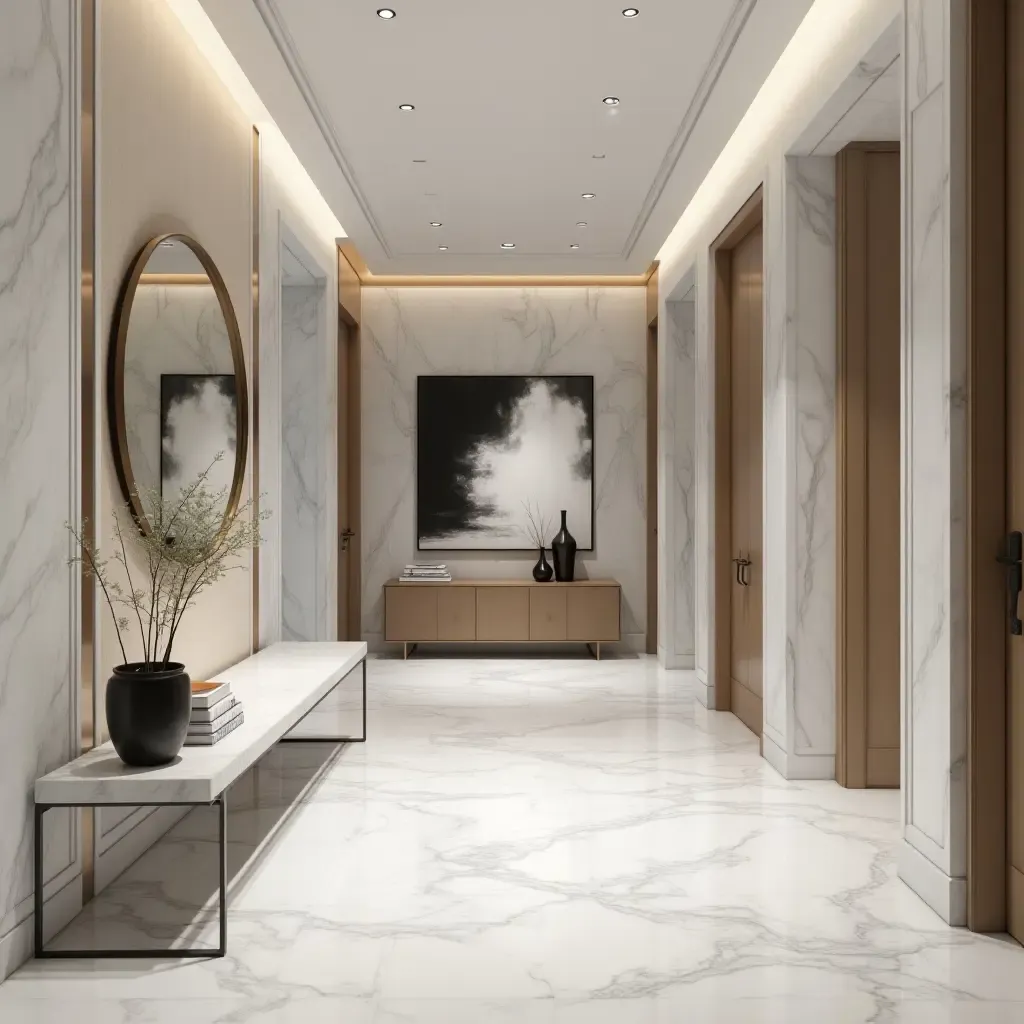 a photo of a sophisticated entrance hall showcasing marble accents and modern art pieces