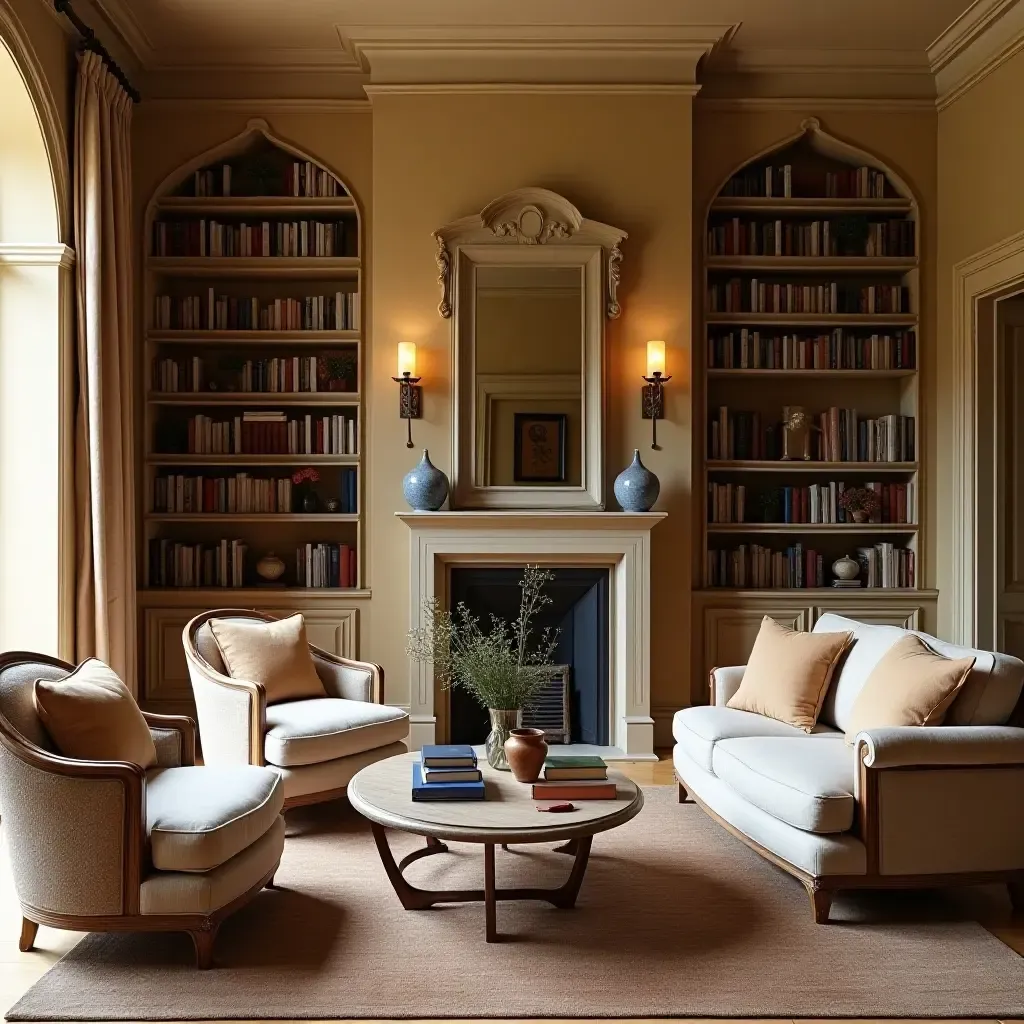 a photo of a library with Mediterranean-style furniture and soft, inviting colors