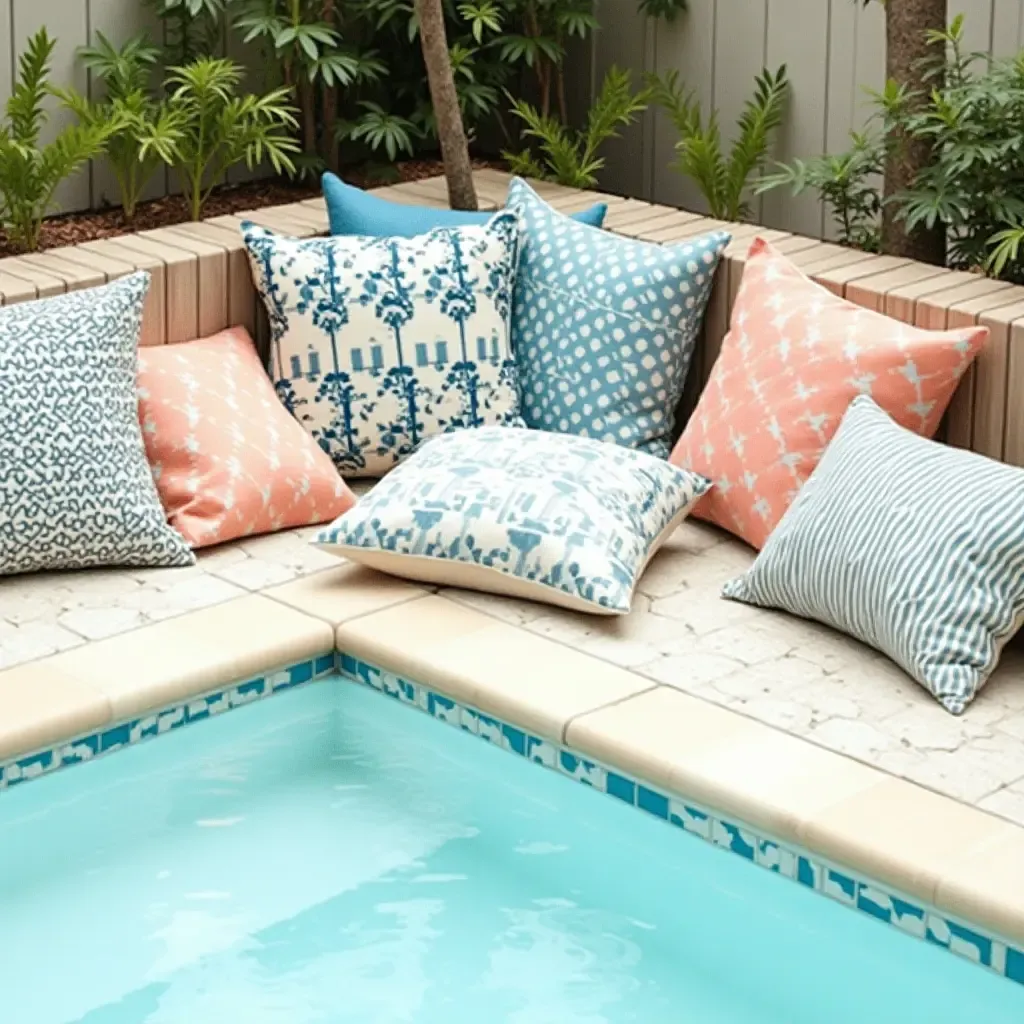 a photo of throw pillows in various shapes scattered around the pool