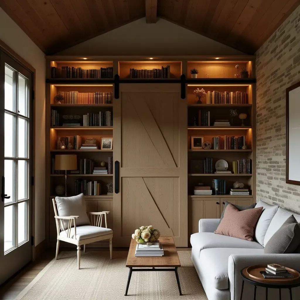 a photo of a farmhouse library with a sliding barn door and cozy lighting