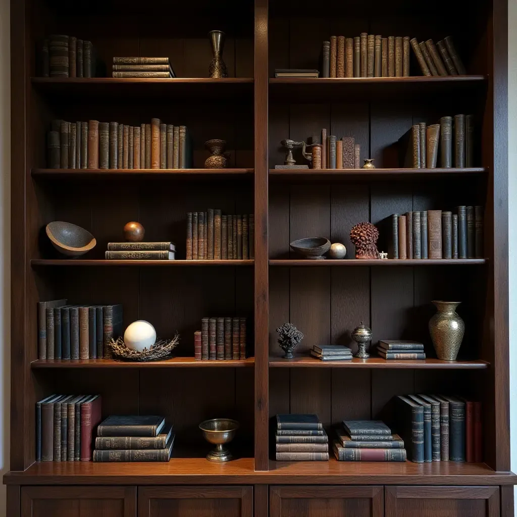 a photo of a dark wood bookshelf filled with books and curiosities