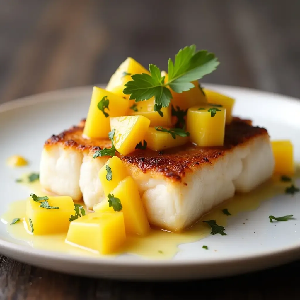 a photo of salted cod with mango salsa, vibrant colors, tropical setting, modern plating