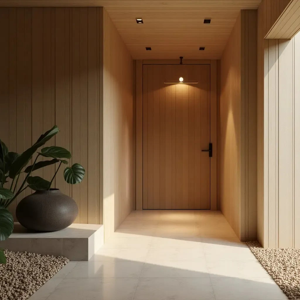 a photo of a serene entrance with soft lighting and natural materials