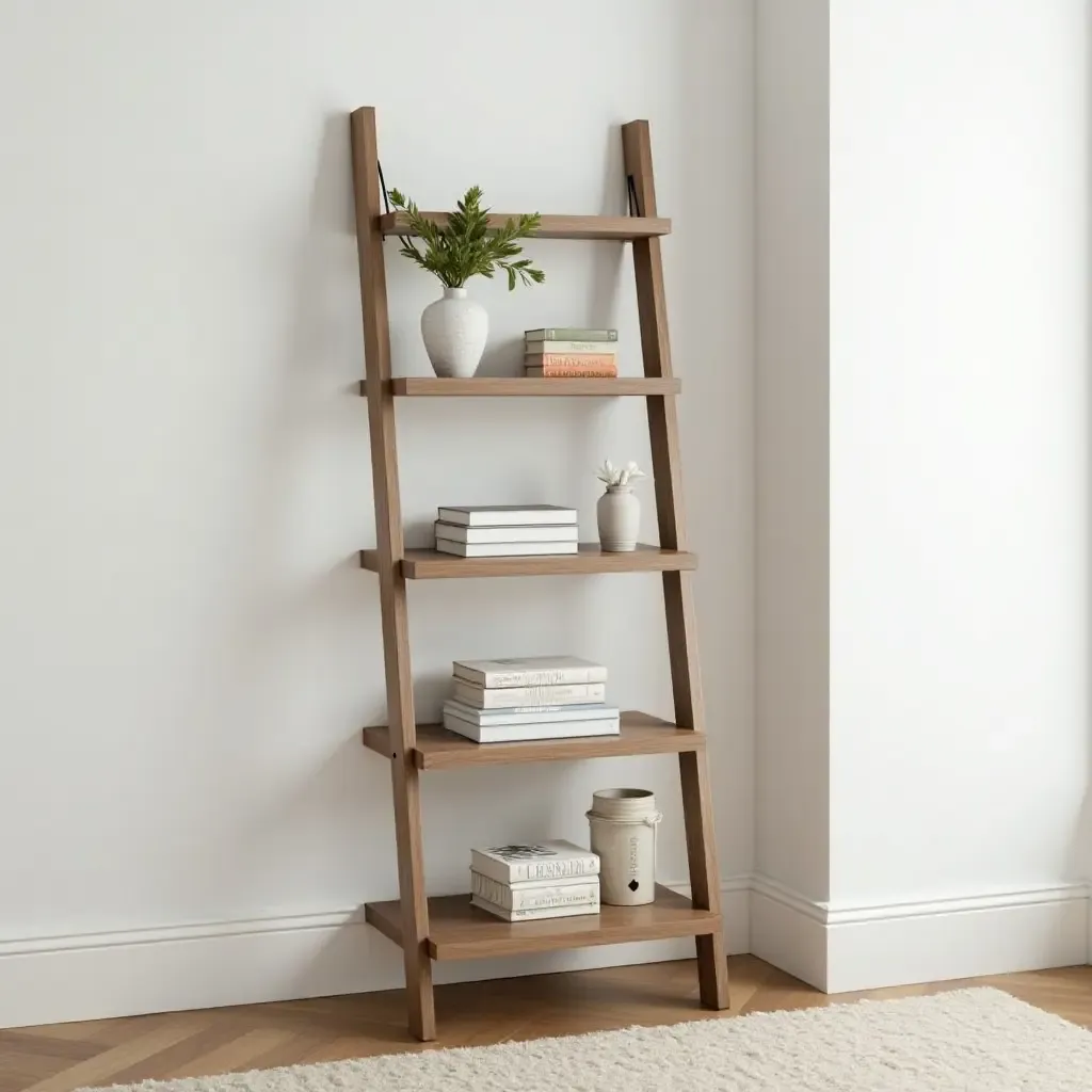 a photo of a stylish ladder shelf used for storing books and decor