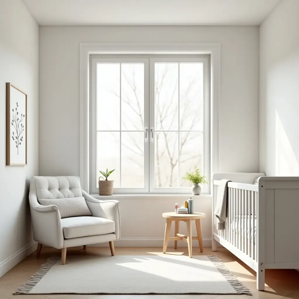 a photo of a bright nursery with large windows and minimal decor