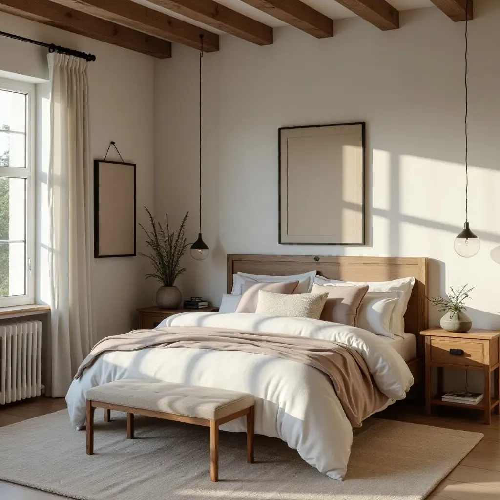 a photo of a stylish bedroom featuring a combination of soft textiles and rustic furnishings