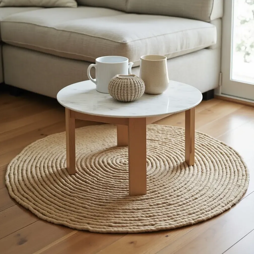 a photo of a round jute rug under a coffee table