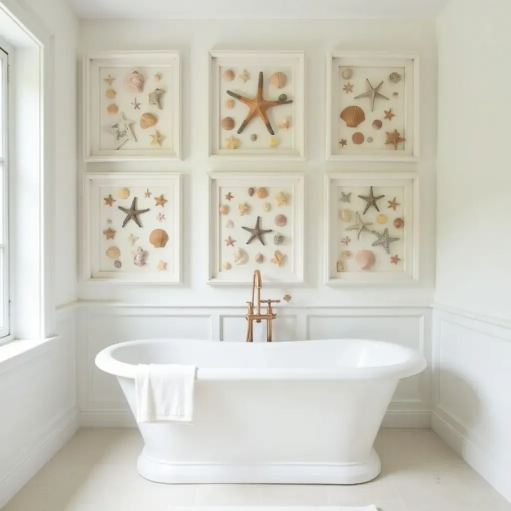 a photo of a collection of framed seashells and starfish in a bathroom