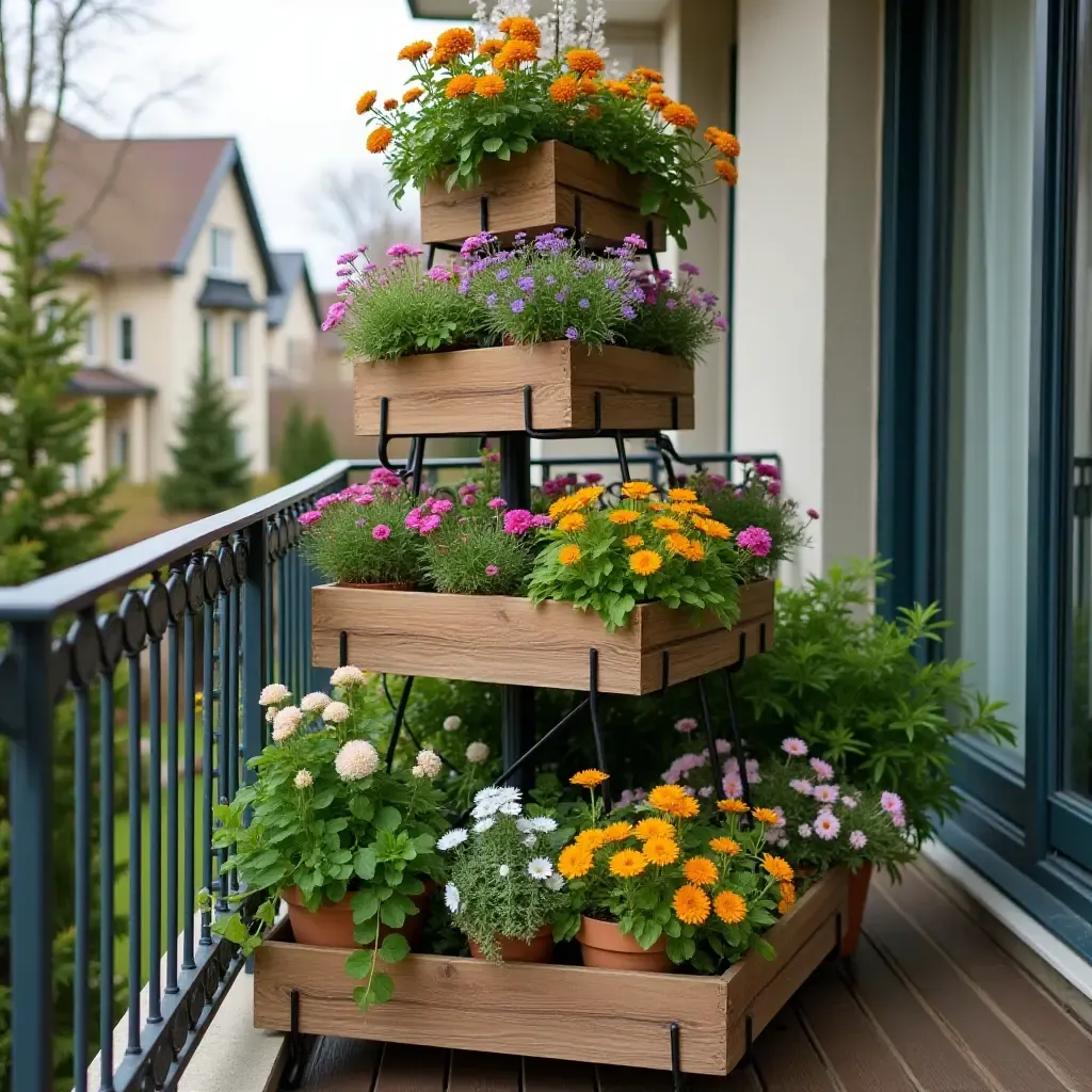 a photo of a balcony featuring a tiered plant stand with various flowers