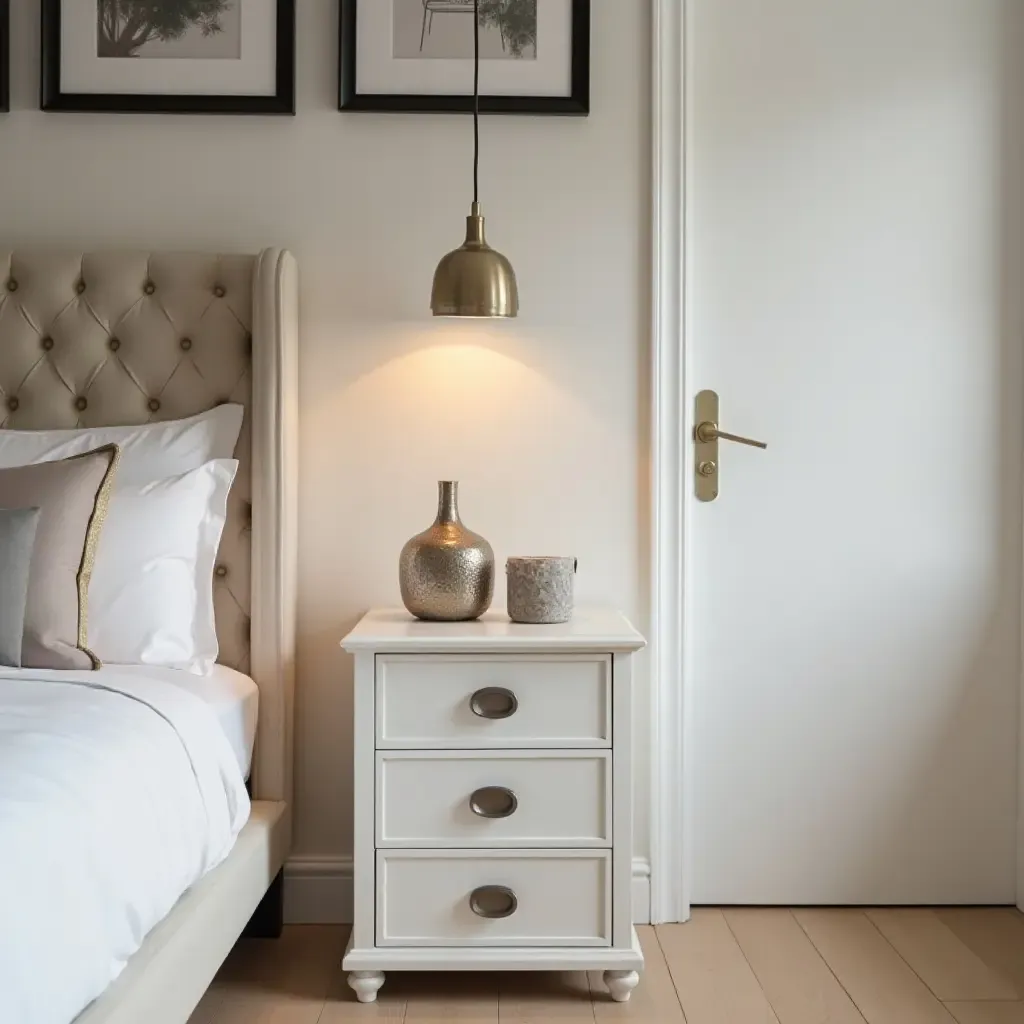 a photo of a chic bedroom with metallic drawer handles on furniture