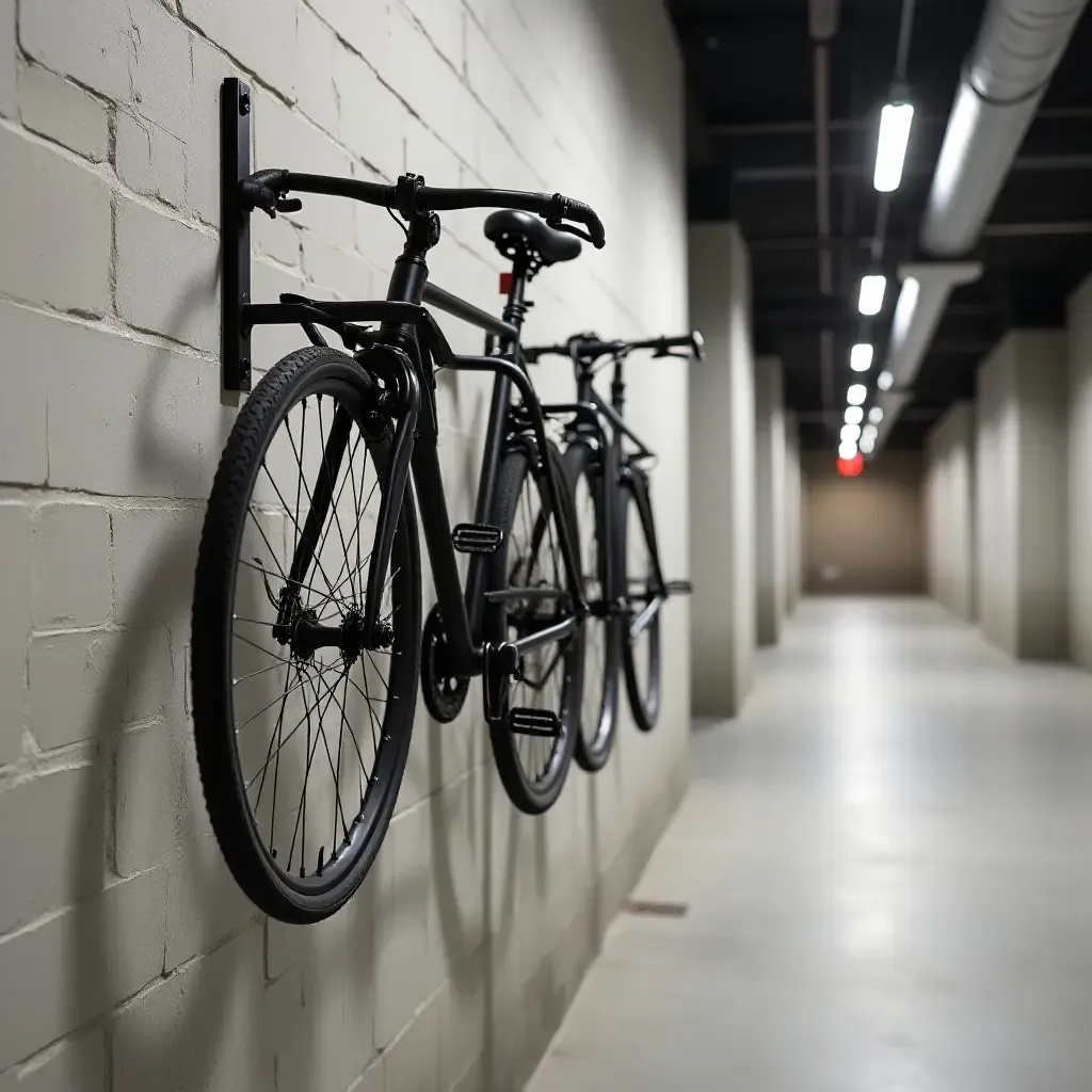 a photo of a wall-mounted bike rack in an industrial corridor