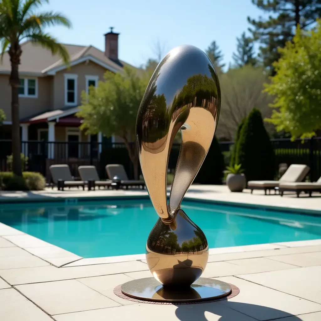 a photo of a metal sculpture enhancing the poolside atmosphere