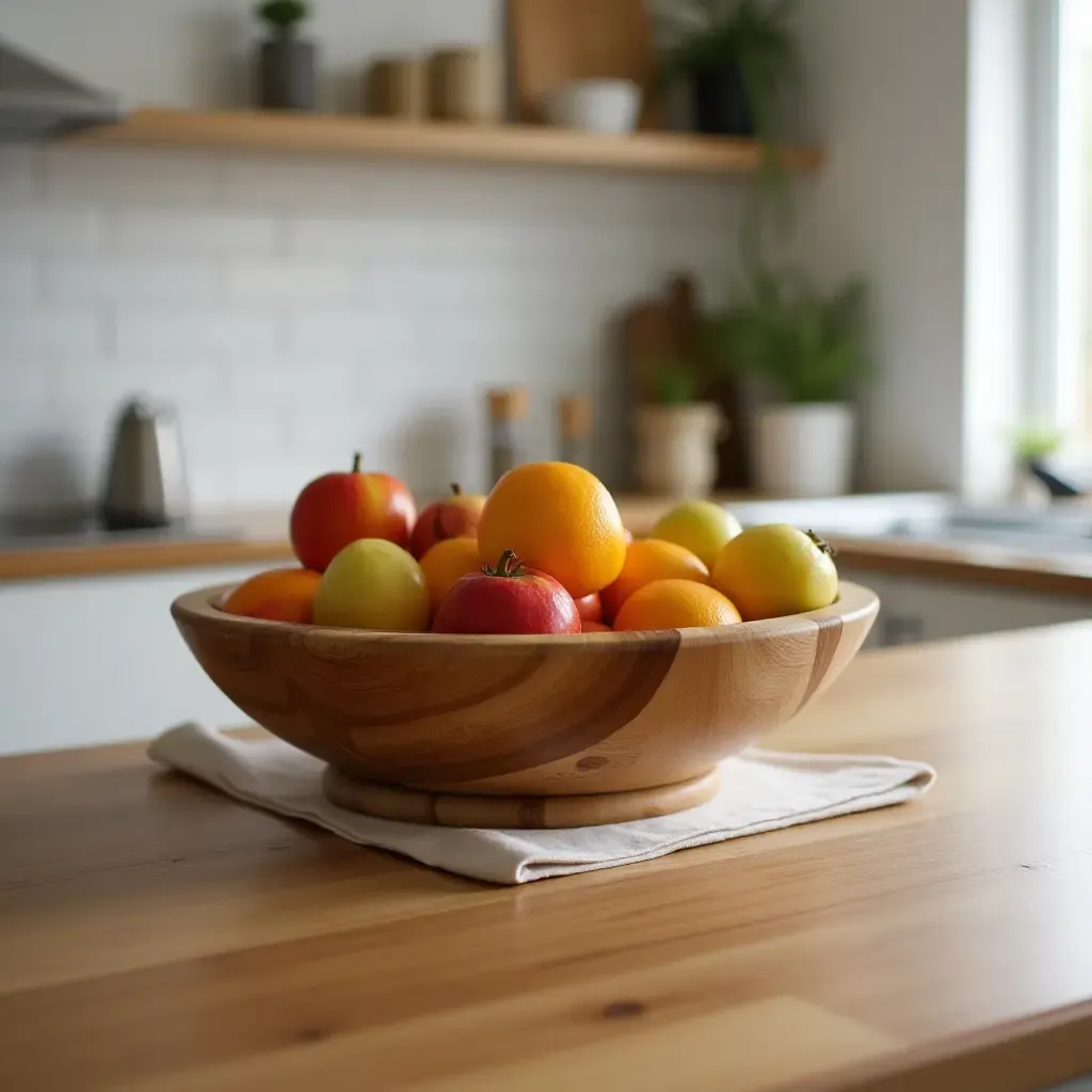 a photo of a wooden fruit bowl on a kitchen island