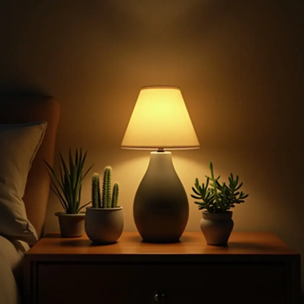 a photo of a nightstand with a plant lamp illuminating succulents